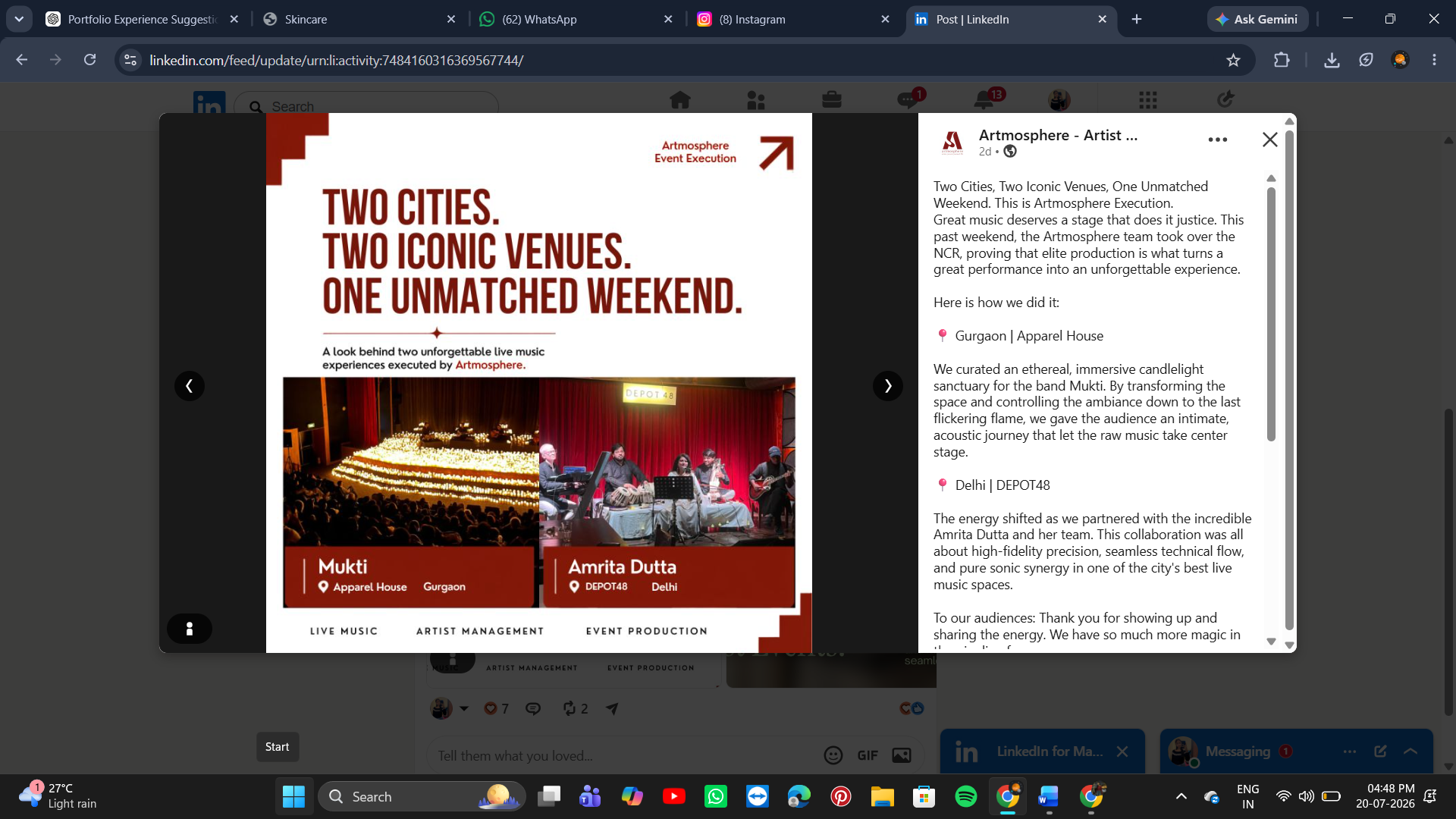 Artmosphere LinkedIn creative — Two Cities Two Iconic Venues